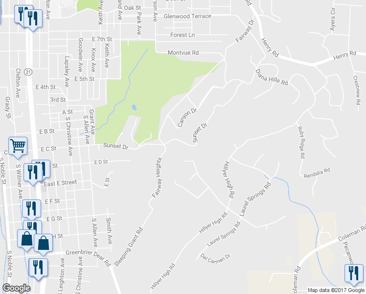 map of restaurants, bars, coffee shops, grocery stores, and more near 77 Sunset Drive in Anniston