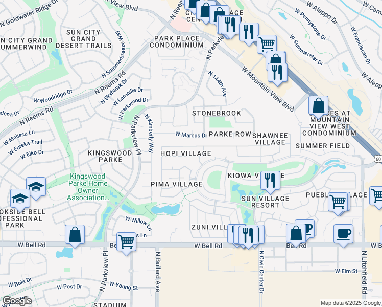 map of restaurants, bars, coffee shops, grocery stores, and more near 14566 West Bison Path in Surprise