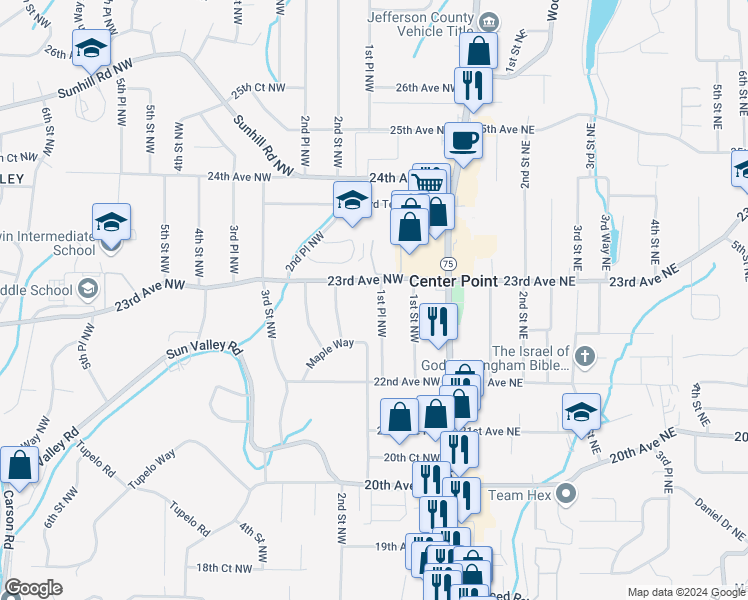 map of restaurants, bars, coffee shops, grocery stores, and more near 2236 1st Place Northwest in Center Point