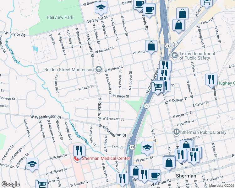 map of restaurants, bars, coffee shops, grocery stores, and more near 1002 N Woods St in Sherman