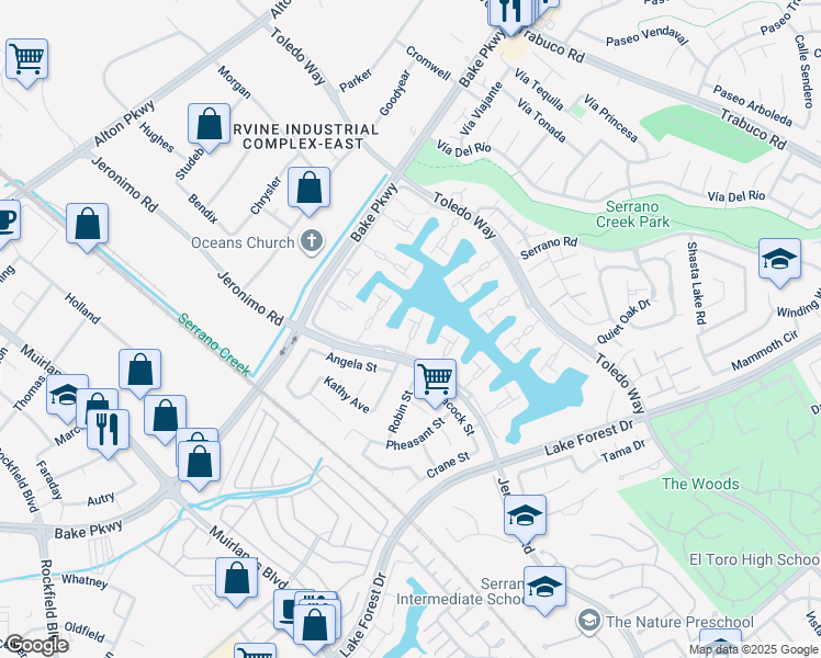 map of restaurants, bars, coffee shops, grocery stores, and more near 21875 Huron Lane in Lake Forest