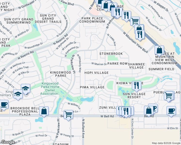 map of restaurants, bars, coffee shops, grocery stores, and more near 14632 West Bison Path in Surprise