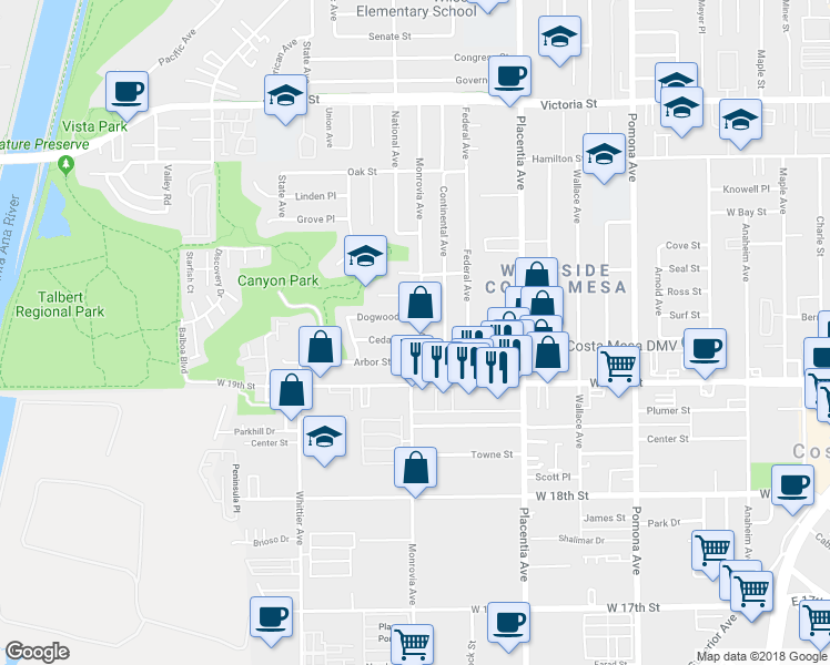 map of restaurants, bars, coffee shops, grocery stores, and more near 900 Cedar Place in Costa Mesa