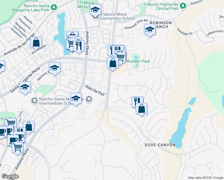 map of restaurants, bars, coffee shops, grocery stores, and more near 31782 Vía Del Viento in Trabuco Canyon