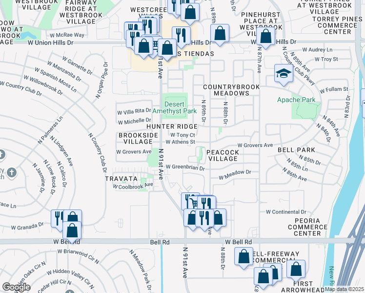 map of restaurants, bars, coffee shops, grocery stores, and more near 9045 West Athens Street in Peoria