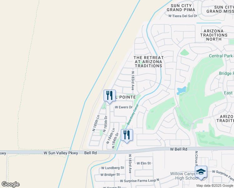 map of restaurants, bars, coffee shops, grocery stores, and more near 18449 West Westfall Way in Surprise