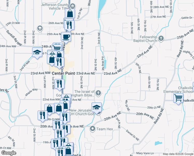 map of restaurants, bars, coffee shops, grocery stores, and more near 2254 3rd Way Northeast in Center Point