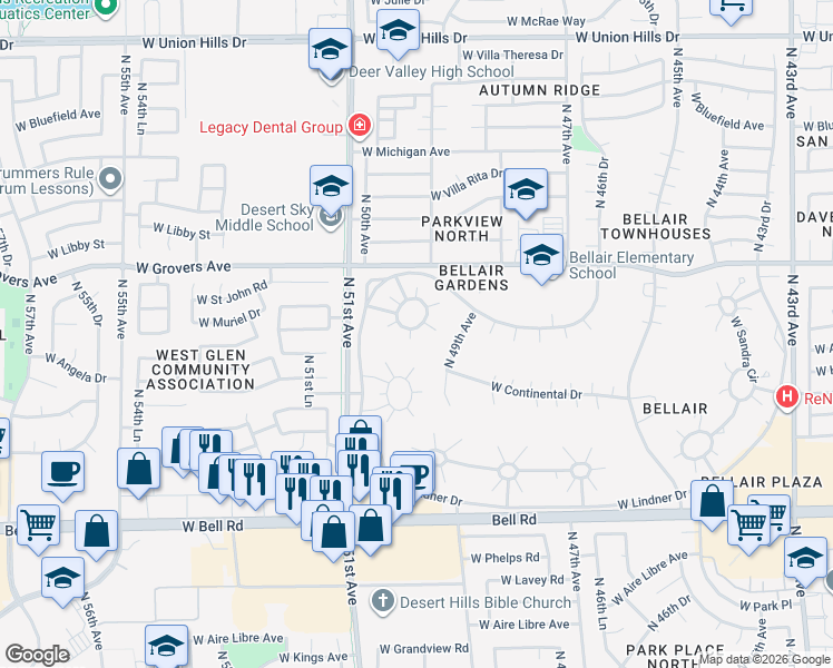 map of restaurants, bars, coffee shops, grocery stores, and more near 4935 West Torrey Pines Circle in Glendale
