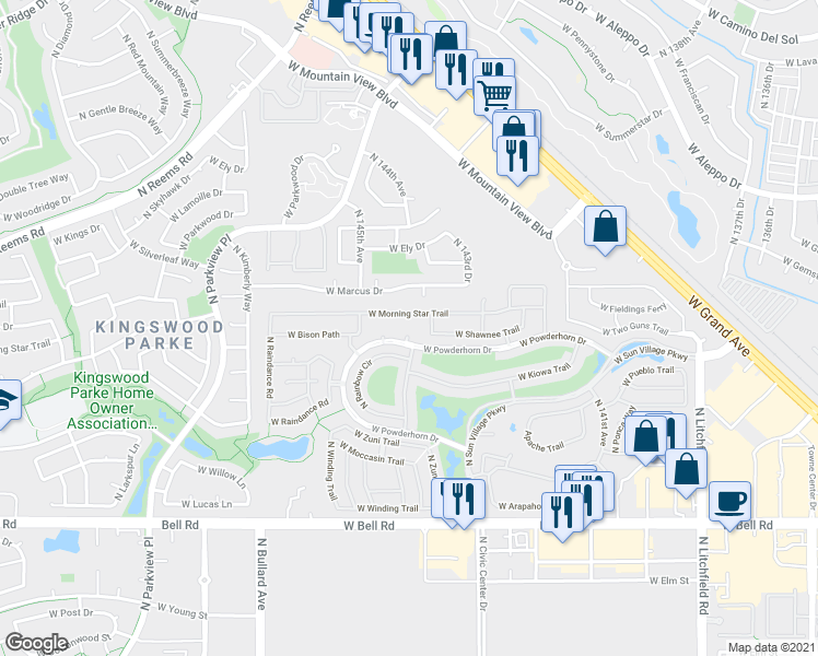 map of restaurants, bars, coffee shops, grocery stores, and more near 14428 West Powderhorn Drive in Surprise