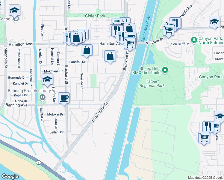 map of restaurants, bars, coffee shops, grocery stores, and more near 21872 Summerwind Lane in Huntington Beach