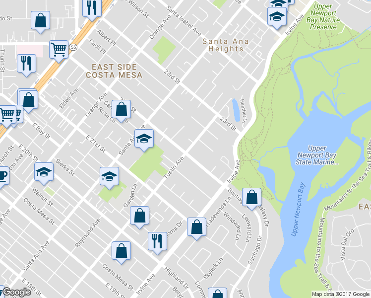 map of restaurants, bars, coffee shops, grocery stores, and more near 398 22nd Street in Newport Beach