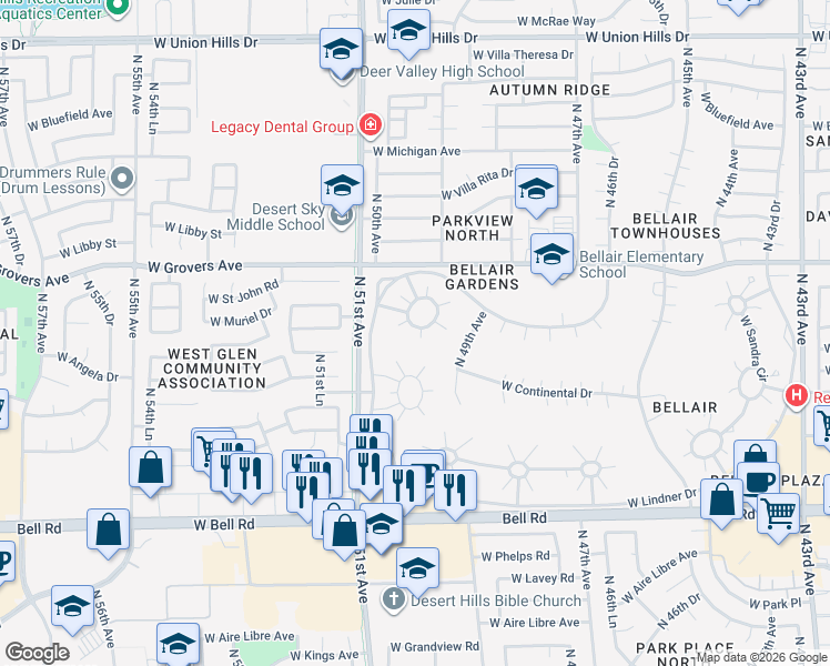 map of restaurants, bars, coffee shops, grocery stores, and more near 4935 West Torrey Pines Circle in Glendale