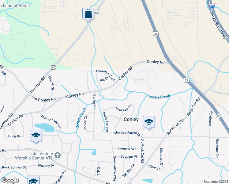 map of restaurants, bars, coffee shops, grocery stores, and more near 1535 Keystone Drive in Conley