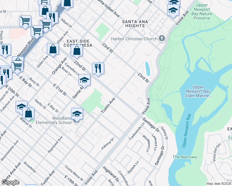 map of restaurants, bars, coffee shops, grocery stores, and more near 398 22nd Street in Newport Beach