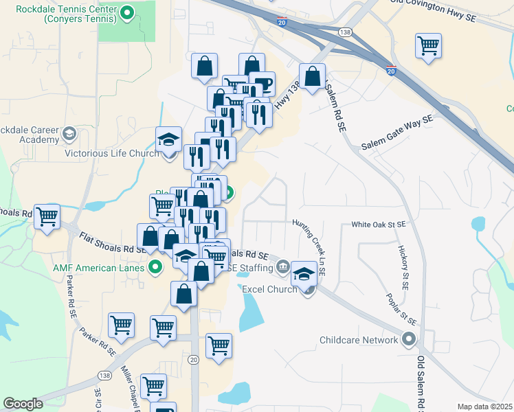 map of restaurants, bars, coffee shops, grocery stores, and more near 1701 Hunting Creek Dr SE in Conyers