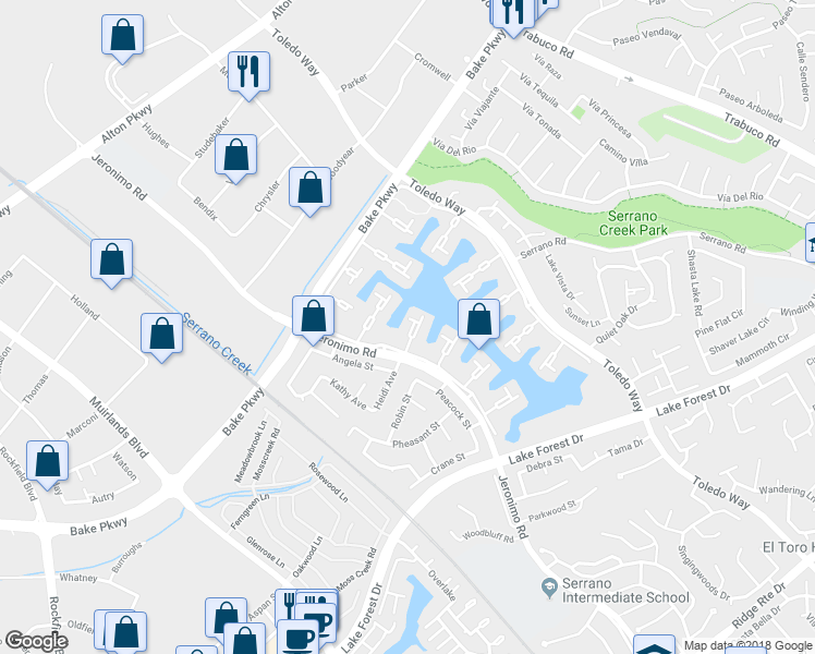 map of restaurants, bars, coffee shops, grocery stores, and more near 21875 Huron Lane in Lake Forest