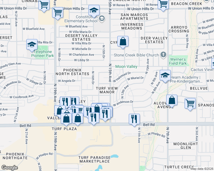 map of restaurants, bars, coffee shops, grocery stores, and more near 1507 West Angela Drive in Phoenix