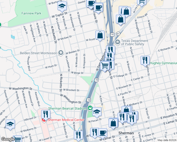 map of restaurants, bars, coffee shops, grocery stores, and more near 607 West Birge Street in Sherman