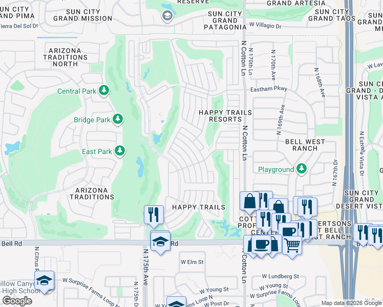 map of restaurants, bars, coffee shops, grocery stores, and more near 585 Pinto in Surprise