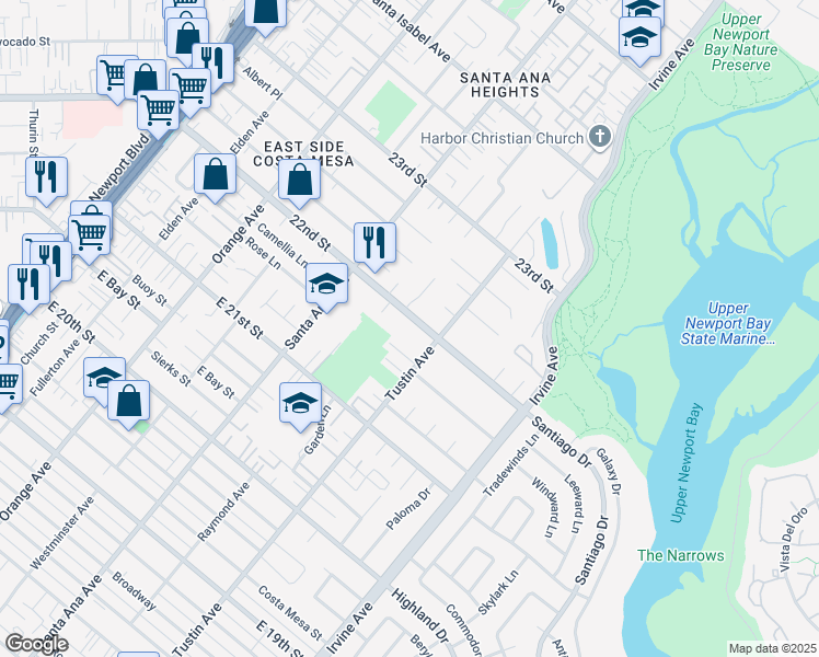 map of restaurants, bars, coffee shops, grocery stores, and more near 375 22nd Street in Costa Mesa