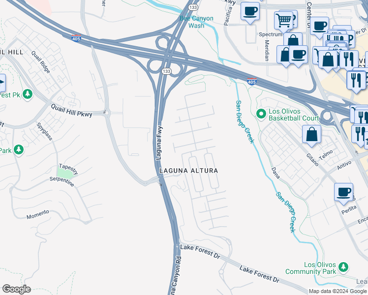 map of restaurants, bars, coffee shops, grocery stores, and more near 42 Cipresso in Irvine