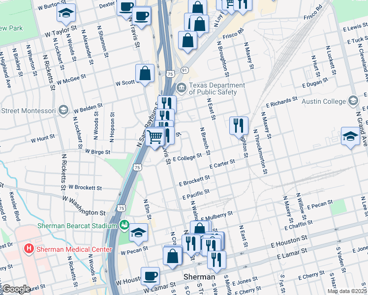 map of restaurants, bars, coffee shops, grocery stores, and more near 917 North Walnut Street in Sherman