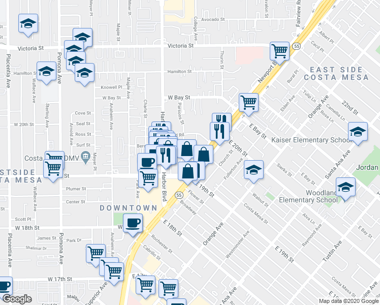 map of restaurants, bars, coffee shops, grocery stores, and more near 401 Bernard Street in Costa Mesa
