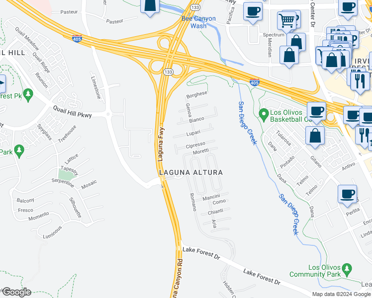 map of restaurants, bars, coffee shops, grocery stores, and more near 42 Cipresso in Irvine