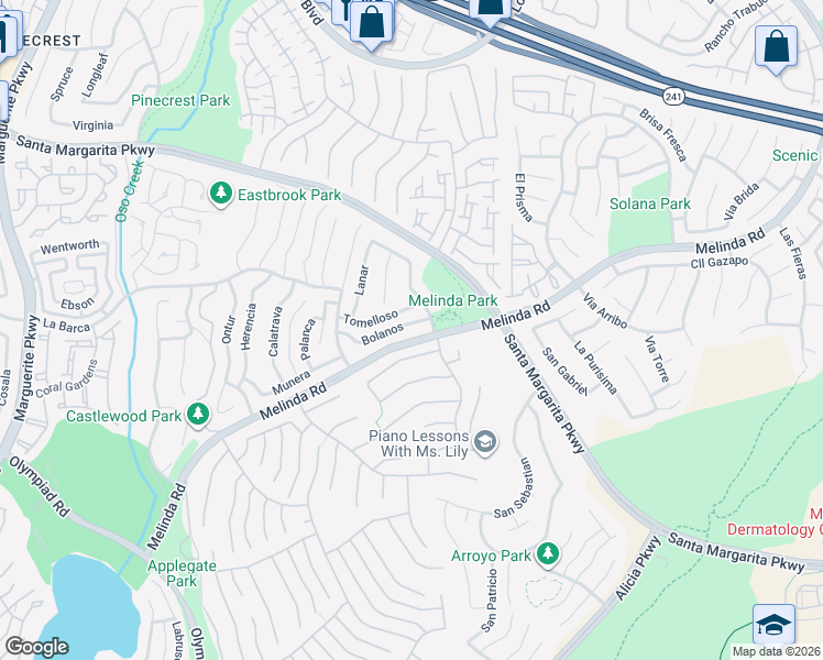 map of restaurants, bars, coffee shops, grocery stores, and more near 28792 Bolanos in Mission Viejo