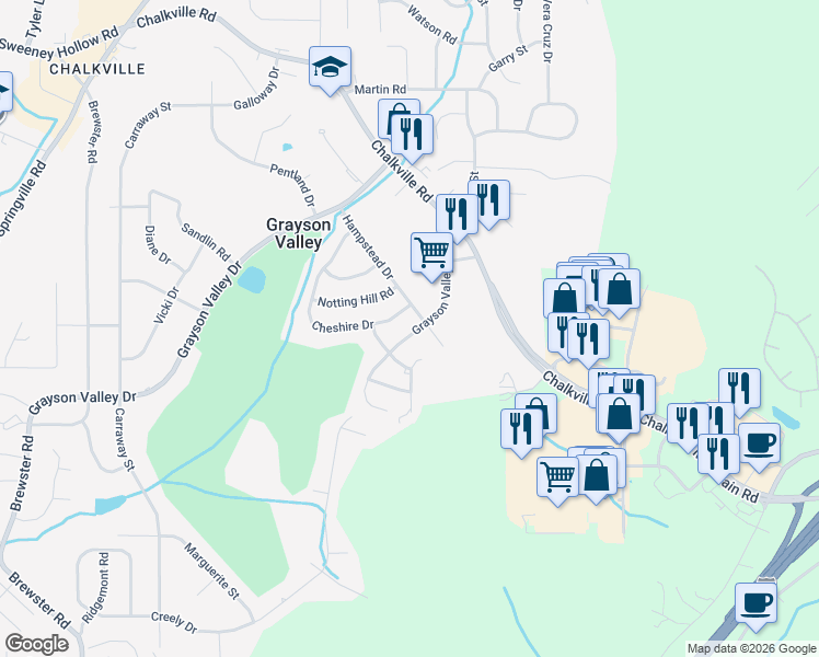 map of restaurants, bars, coffee shops, grocery stores, and more near 1313 Grayson Valley Parkway in Birmingham