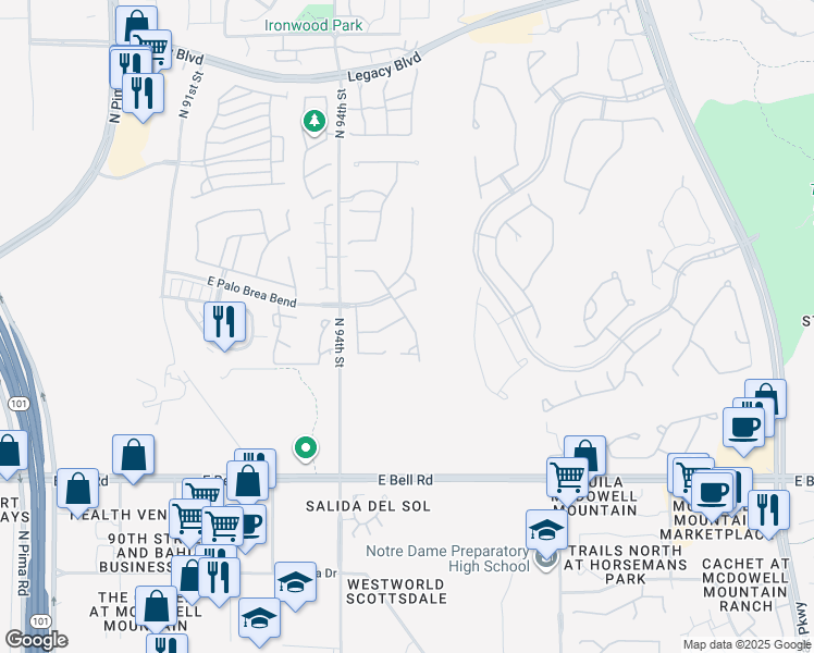 map of restaurants, bars, coffee shops, grocery stores, and more near 9485 East Hidden Spur Trail in Scottsdale