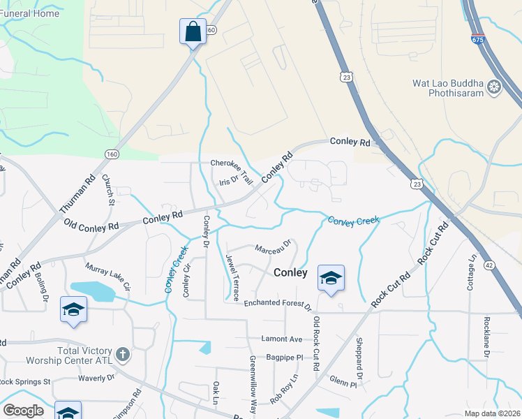 map of restaurants, bars, coffee shops, grocery stores, and more near 3965 Keystone Place in Conley