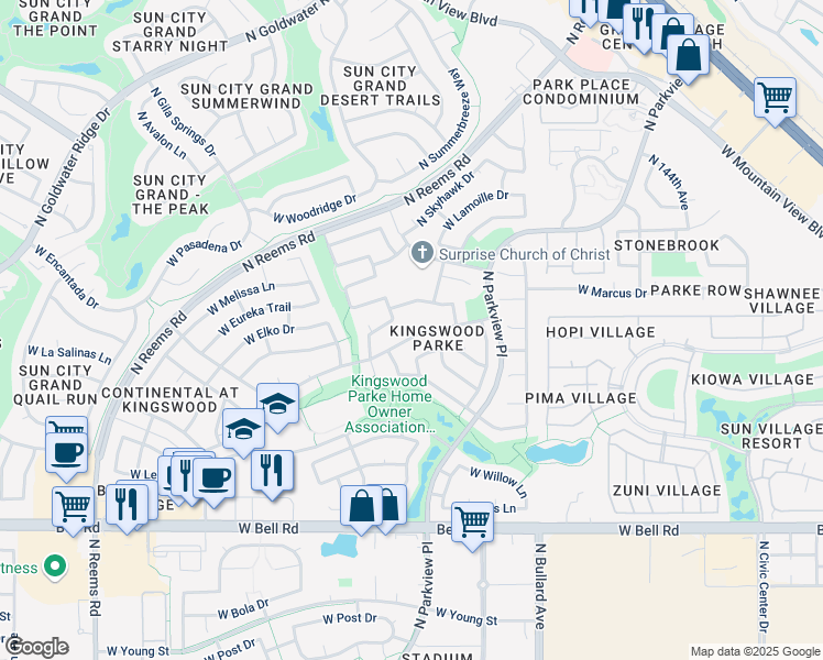 map of restaurants, bars, coffee shops, grocery stores, and more near 14932 West Honeysuckle Lane in Surprise
