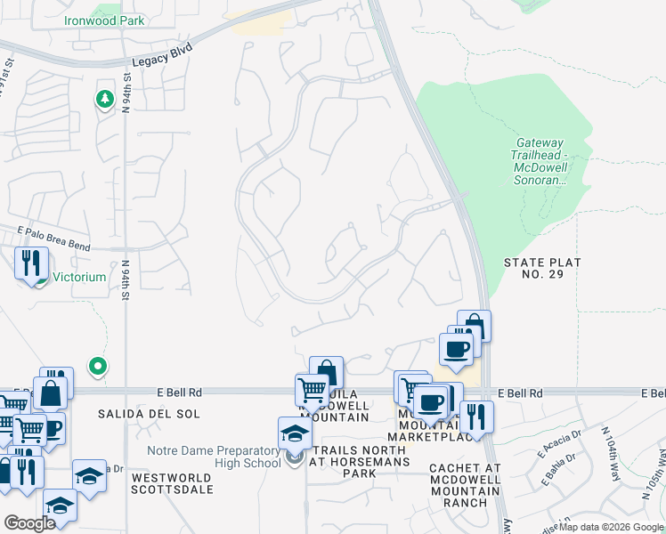 map of restaurants, bars, coffee shops, grocery stores, and more near 17595 North 98th Way in Scottsdale