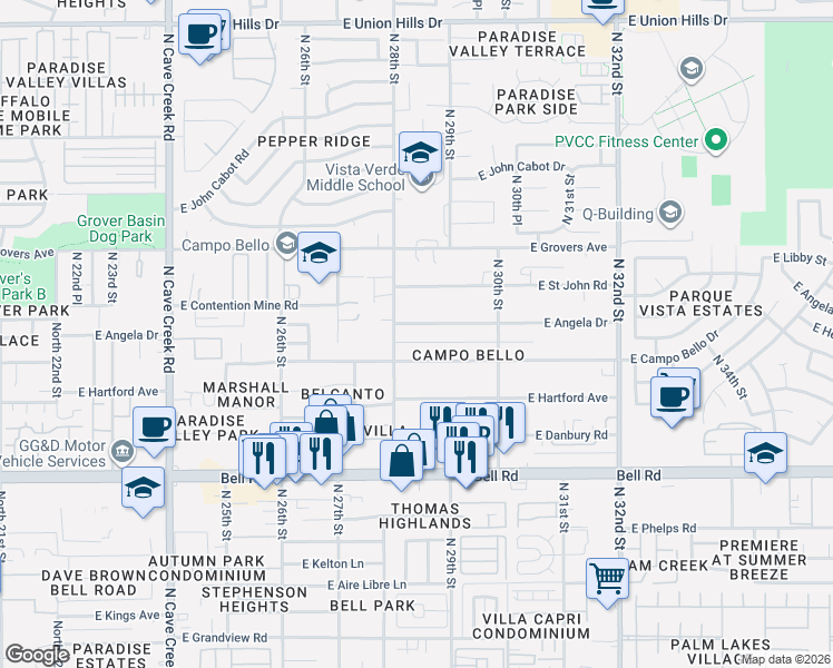 map of restaurants, bars, coffee shops, grocery stores, and more near 2819 East Angela Drive in Phoenix