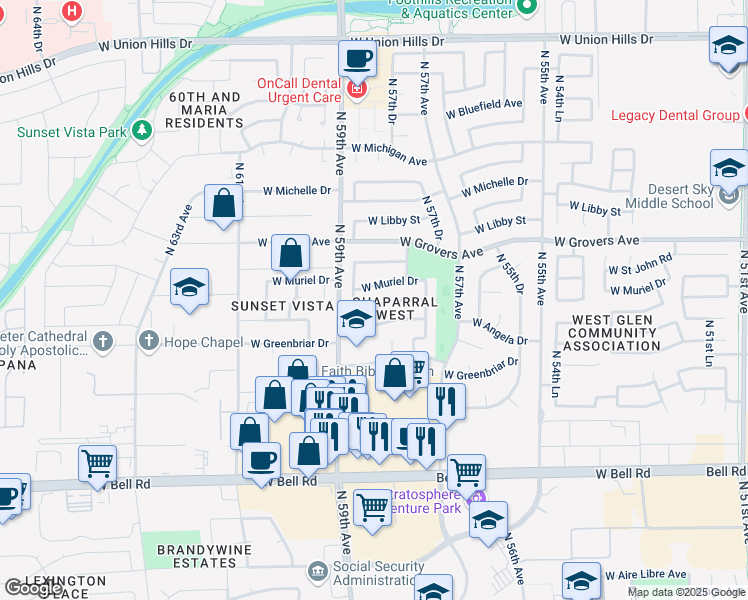 map of restaurants, bars, coffee shops, grocery stores, and more near 5822 West Angela Drive in Glendale