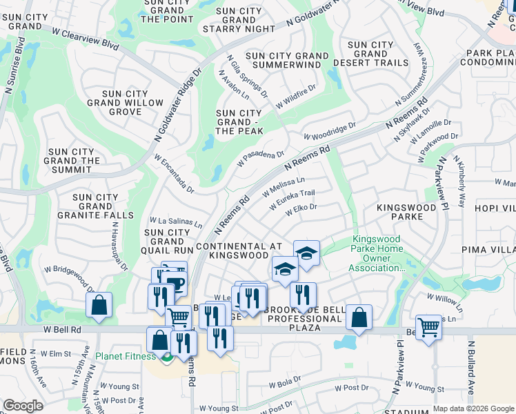 map of restaurants, bars, coffee shops, grocery stores, and more near 15317 West Melissa Lane in Surprise