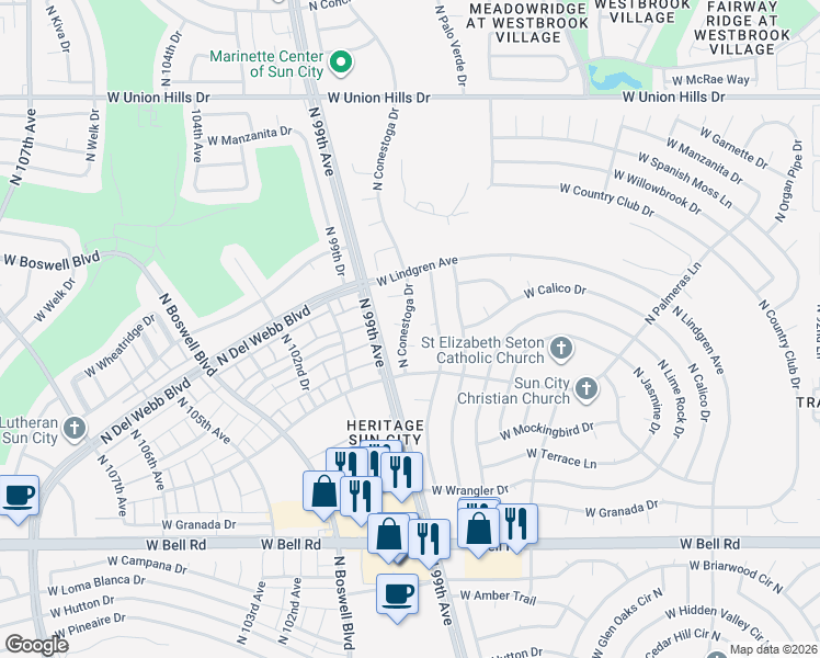 map of restaurants, bars, coffee shops, grocery stores, and more near 17627 North Conestoga Drive in Sun City
