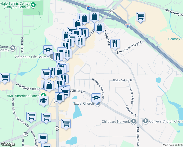 map of restaurants, bars, coffee shops, grocery stores, and more near 1695 Winchester Way Southeast in Conyers