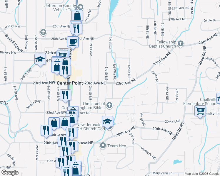 map of restaurants, bars, coffee shops, grocery stores, and more near 2254 3rd Way Northeast in Center Point
