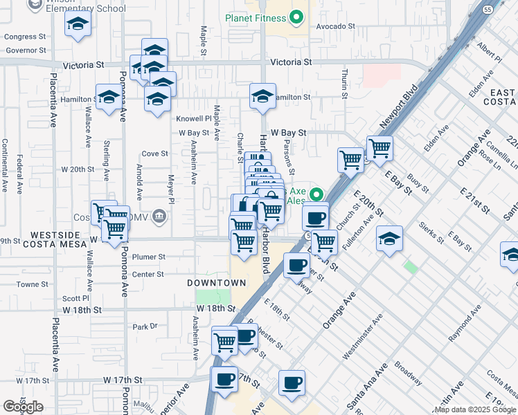map of restaurants, bars, coffee shops, grocery stores, and more near 1941 Harbor Boulevard in Costa Mesa