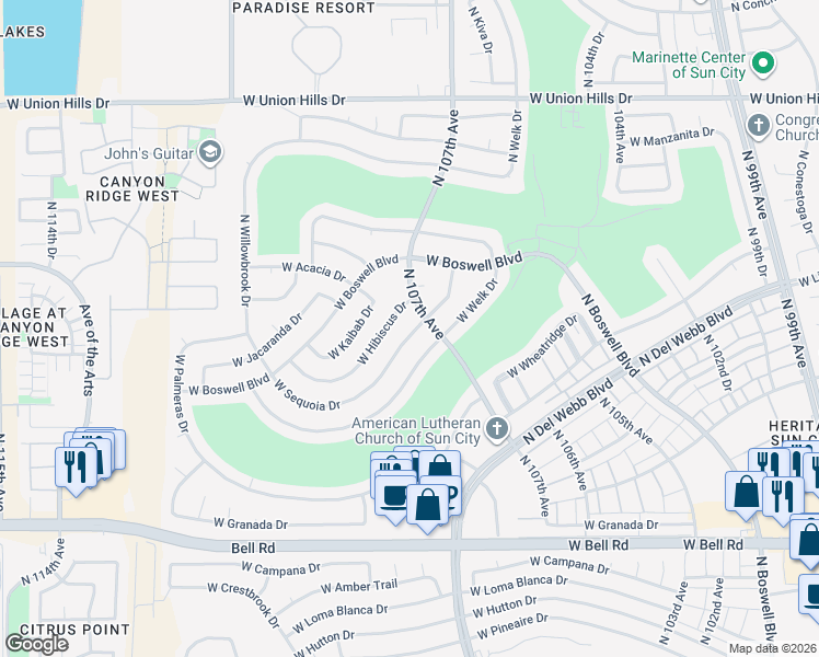 map of restaurants, bars, coffee shops, grocery stores, and more near 10710 West Sequoia Drive in Sun City