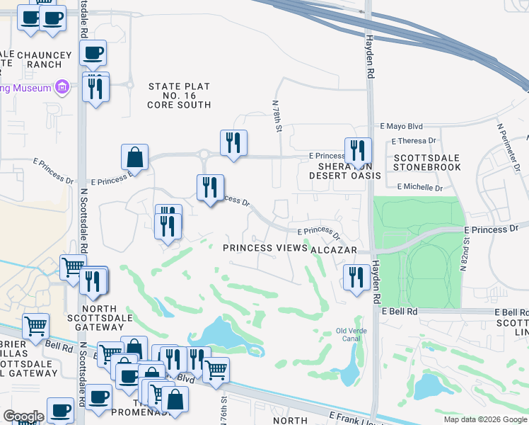 map of restaurants, bars, coffee shops, grocery stores, and more near 7681 East Princess Drive in Scottsdale