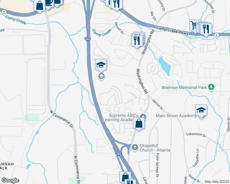 map of restaurants, bars, coffee shops, grocery stores, and more near 4031 Windyrush Drive Southwest in East Point