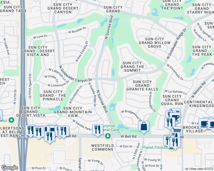 map of restaurants, bars, coffee shops, grocery stores, and more near 16023 West Vinewood Drive in Surprise