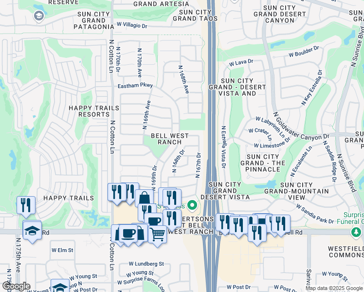 map of restaurants, bars, coffee shops, grocery stores, and more near 17696 North 168th Drive in Surprise