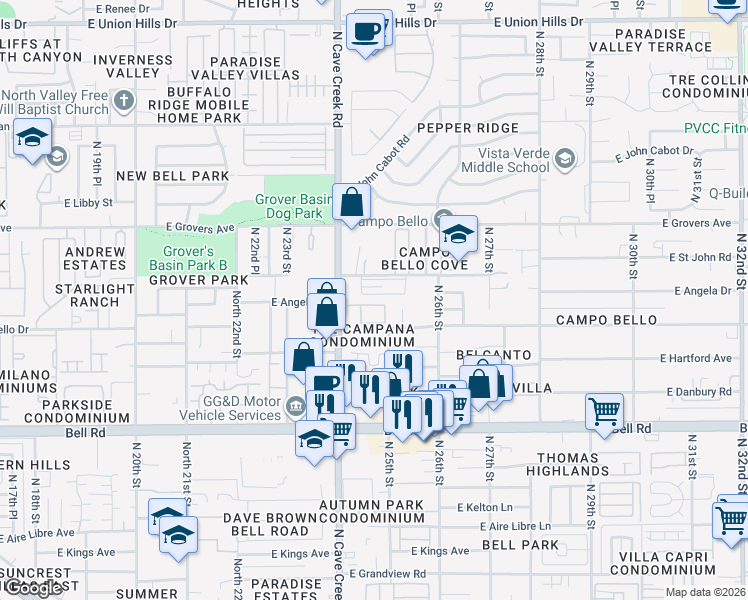 map of restaurants, bars, coffee shops, grocery stores, and more near in Phoenix