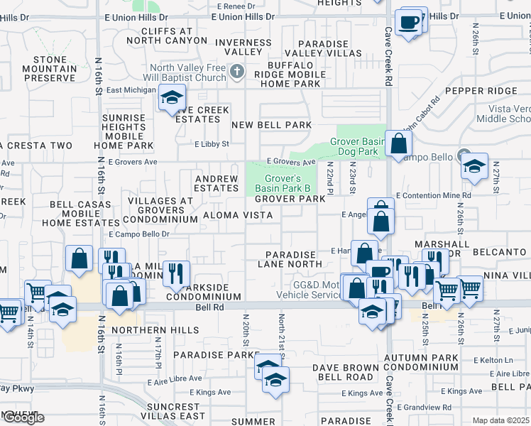 map of restaurants, bars, coffee shops, grocery stores, and more near 2034 East Helena Drive in Phoenix