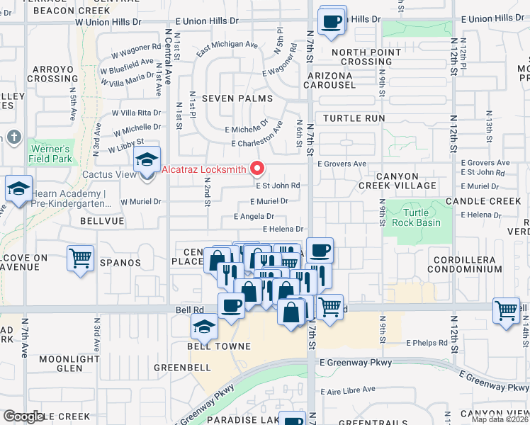map of restaurants, bars, coffee shops, grocery stores, and more near 514 East Angela Drive in Phoenix