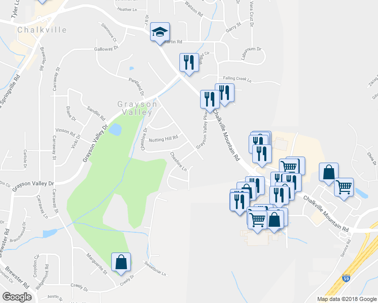 map of restaurants, bars, coffee shops, grocery stores, and more near 1305 Grayson Valley Parkway in Birmingham